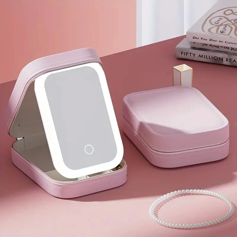 Portable LED Makeup Mirror with Storage | Travel Cosmetic Case with Lighted Mirror