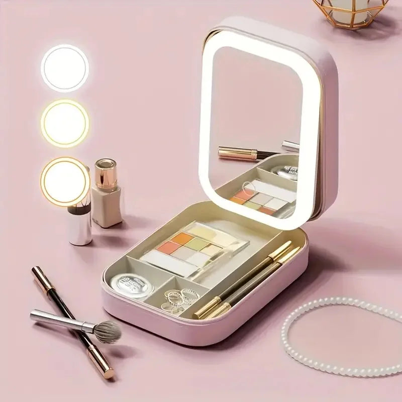 Portable LED Makeup Mirror with Storage | Travel Cosmetic Case with Lighted Mirror